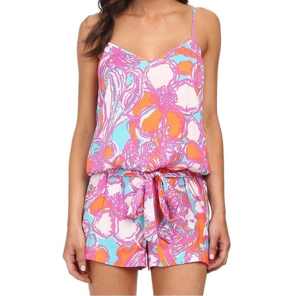 LILLY PULITZER DEANNA BELTED TANK TOP  ROMPER IN SHORELY BLUE SIZE LARGE